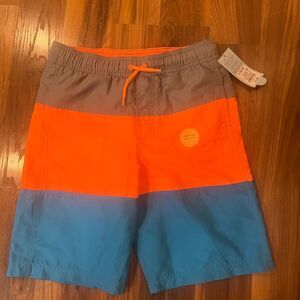 Colorblock Swim Shorts in Orange, Gray, and Blue